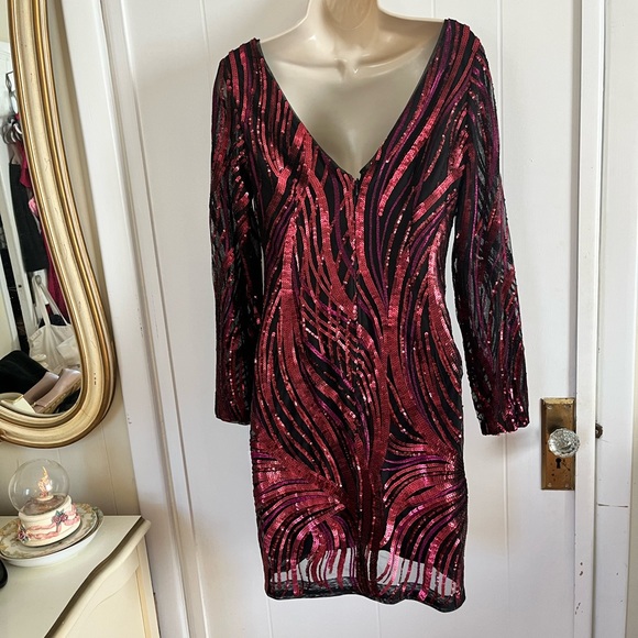 NWT Aidan Mattox Red Cranberry Sequin Ribbon Cocktail Dress!! - Picture 4 of 9